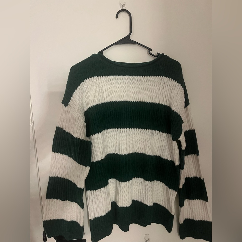 Elegant Striped Green and White Women's Sweater